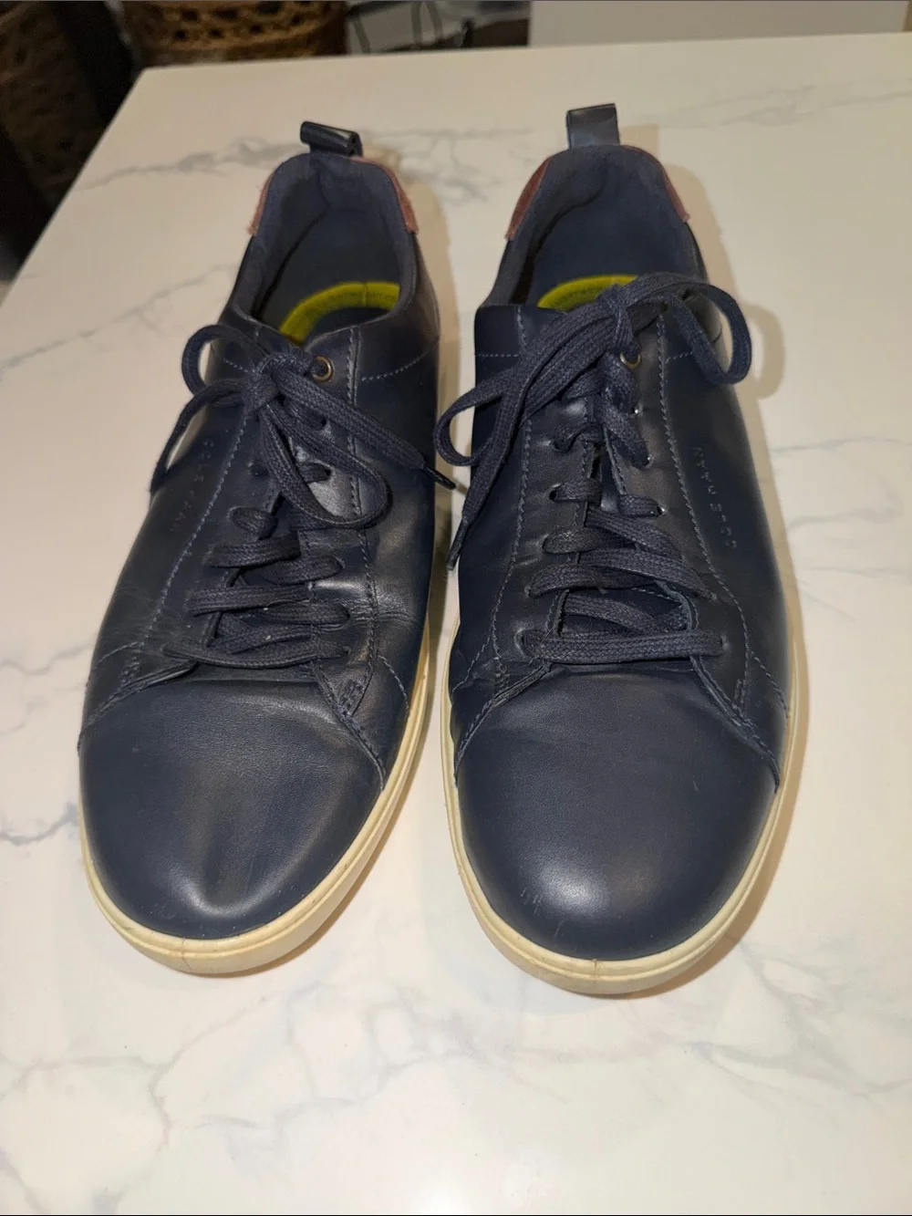 Cole Haan Grandpro Navy Leather Low-Top Sneakers with Tan Heel Accent